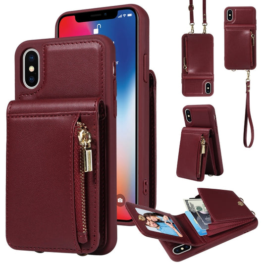 For iPhone X / XS Crossbody Lanyard Zipper Wallet Leather Phone Case(Wine Red) - More iPhone Cases by buy2fix | Online Shopping UK | buy2fix