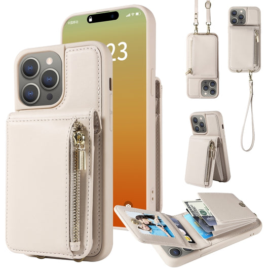 For iPhone 15 Pro Max Crossbody Lanyard Zipper Wallet Leather Phone Case(Beige) - iPhone 15 Pro Max Cases by buy2fix | Online Shopping UK | buy2fix