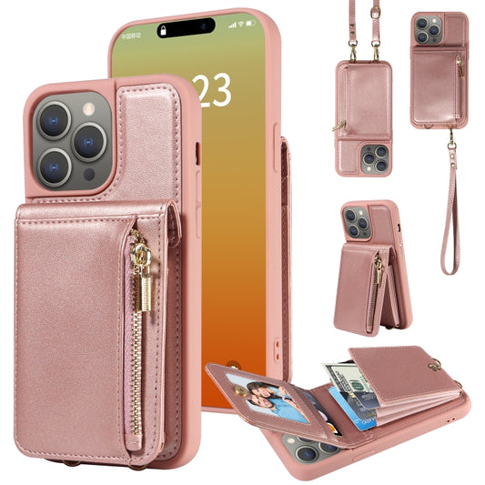 For iPhone 15 Pro Max Crossbody Lanyard Zipper Wallet Leather Phone Case(Rose Gold) - iPhone 15 Pro Max Cases by buy2fix | Online Shopping UK | buy2fix