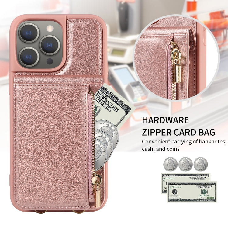 For iPhone 15 Pro Max Crossbody Lanyard Zipper Wallet Leather Phone Case(Rose Gold) - iPhone 15 Pro Max Cases by buy2fix | Online Shopping UK | buy2fix