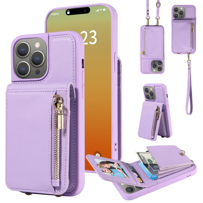 For iPhone 15 Pro Max Crossbody Lanyard Zipper Wallet Leather Phone Case(Purple) - iPhone 15 Pro Max Cases by buy2fix | Online Shopping UK | buy2fix