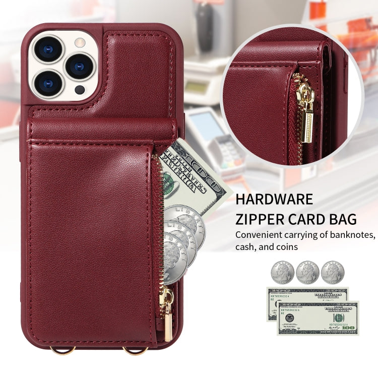 For iPhone 15 Pro Crossbody Lanyard Zipper Wallet Leather Phone Case(Wine Red) - iPhone 15 Pro Cases by buy2fix | Online Shopping UK | buy2fix