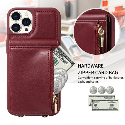 For iPhone 15 Pro Crossbody Lanyard Zipper Wallet Leather Phone Case(Wine Red) - iPhone 15 Pro Cases by buy2fix | Online Shopping UK | buy2fix