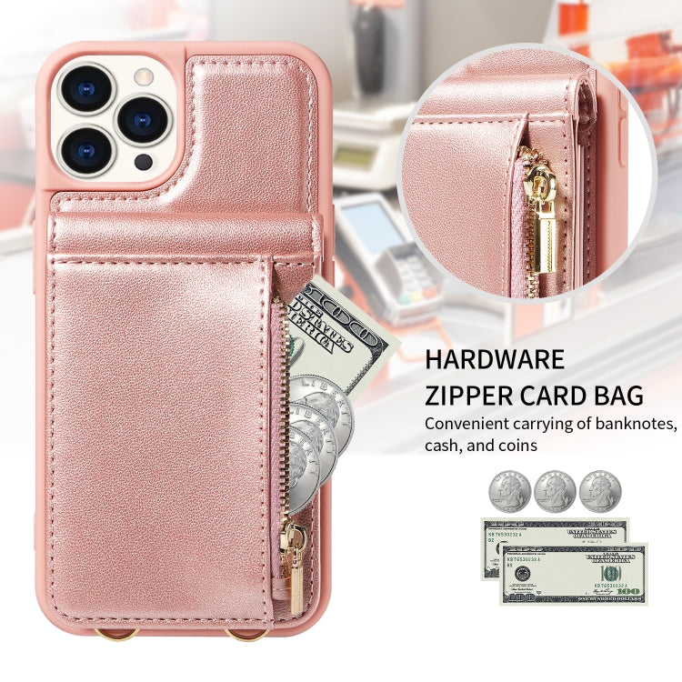 For iPhone 15 Pro Crossbody Lanyard Zipper Wallet Leather Phone Case(Rose Gold) - iPhone 15 Pro Cases by buy2fix | Online Shopping UK | buy2fix