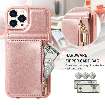 For iPhone 15 Pro Crossbody Lanyard Zipper Wallet Leather Phone Case(Rose Gold) - iPhone 15 Pro Cases by buy2fix | Online Shopping UK | buy2fix