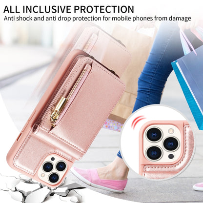 For iPhone 15 Pro Crossbody Lanyard Zipper Wallet Leather Phone Case(Rose Gold) - iPhone 15 Pro Cases by buy2fix | Online Shopping UK | buy2fix