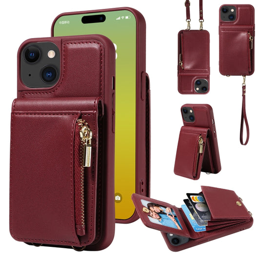 For iPhone 15 Crossbody Lanyard Zipper Wallet Leather Phone Case(Wine Red) - iPhone 15 Cases by buy2fix | Online Shopping UK | buy2fix