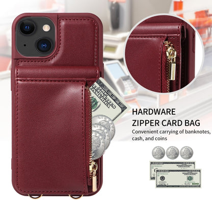 For iPhone 15 Crossbody Lanyard Zipper Wallet Leather Phone Case(Wine Red) - iPhone 15 Cases by buy2fix | Online Shopping UK | buy2fix
