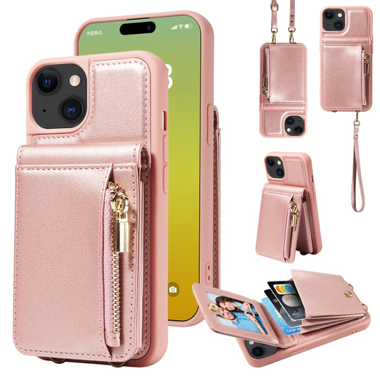 For iPhone 15 Crossbody Lanyard Zipper Wallet Leather Phone Case(Rose Gold)