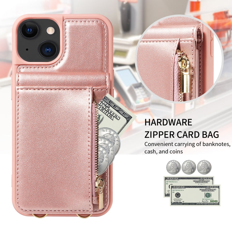 For iPhone 15 Crossbody Lanyard Zipper Wallet Leather Phone Case(Rose Gold) - iPhone 15 Cases by buy2fix | Online Shopping UK | buy2fix