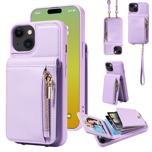 For iPhone 15 Crossbody Lanyard Zipper Wallet Leather Phone Case(Purple) - iPhone 15 Cases by buy2fix | Online Shopping UK | buy2fix