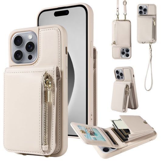 For iPhone 16 Pro Max Crossbody Lanyard Zipper Wallet Leather Phone Case(Beige) by buy2fix