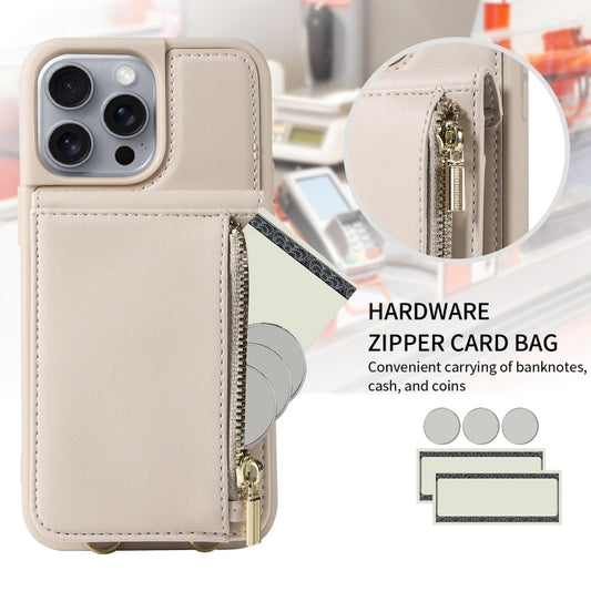 For iPhone 16 Pro Max Crossbody Lanyard Zipper Wallet Leather Phone Case(Beige) by buy2fix