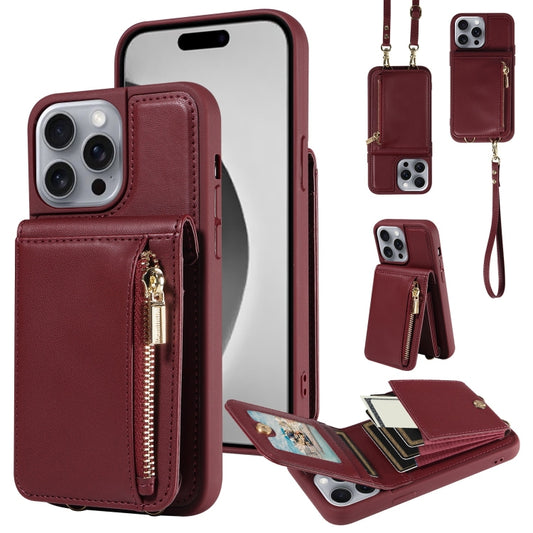 For iPhone 16 Pro Max Crossbody Lanyard Zipper Wallet Leather Phone Case(Wine Red) by buy2fix