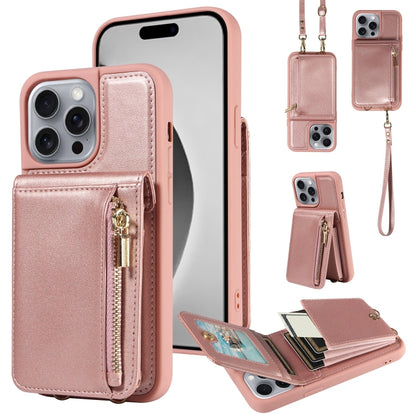 For iPhone 16 Pro Max Crossbody Lanyard Zipper Wallet Leather Phone Case(Rose Gold) by buy2fix