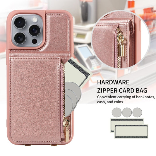 For iPhone 16 Pro Max Crossbody Lanyard Zipper Wallet Leather Phone Case(Rose Gold) by buy2fix