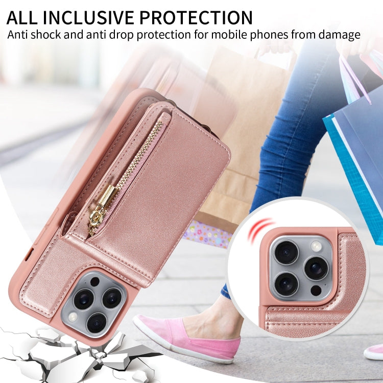 For iPhone 16 Pro Max Crossbody Lanyard Zipper Wallet Leather Phone Case(Rose Gold) by buy2fix