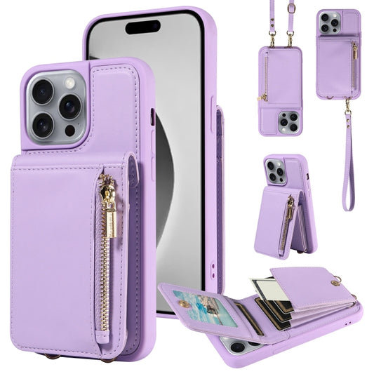 For iPhone 16 Pro Max Crossbody Lanyard Zipper Wallet Leather Phone Case(Purple) by buy2fix