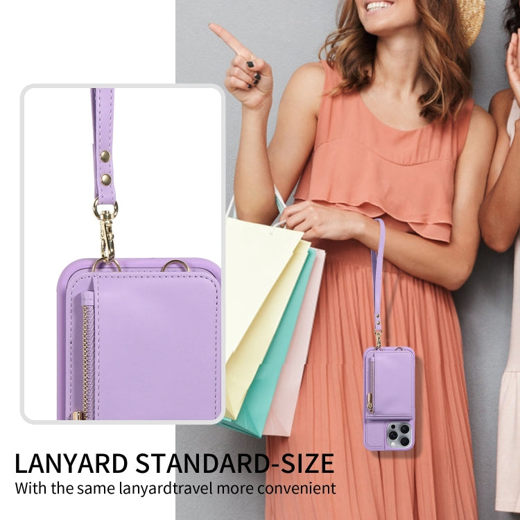 For iPhone 16 Pro Max Crossbody Lanyard Zipper Wallet Leather Phone Case(Purple) by buy2fix