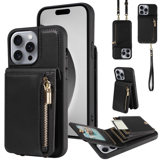 For iPhone 16 Pro Max Crossbody Lanyard Zipper Wallet Leather Phone Case(Black) by buy2fix