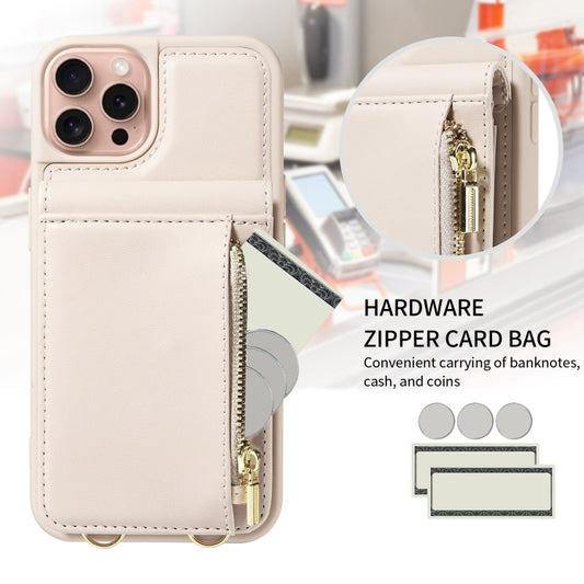 For iPhone 16 Pro Crossbody Lanyard Zipper Wallet Leather Phone Case(Beige) by buy2fix