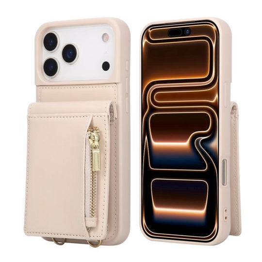 For iPhone 18 Pro Max / 17 Pro Max Crossbody Lanyard Zipper Wallet Leather Phone Case(Beige)