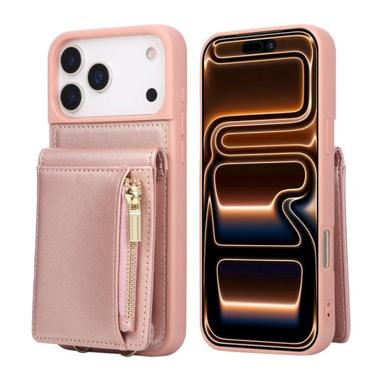 For iPhone 18 Pro Max / 17 Pro Max Crossbody Lanyard Zipper Wallet Leather Phone Case(Rose Gold)