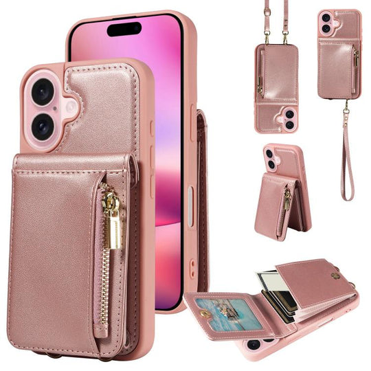 For iPhone 18 / 17 Crossbody Lanyard Zipper Wallet Leather Phone Case(Rose Gold)