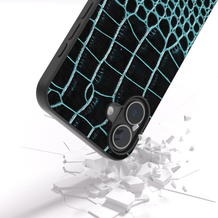 For iPhone 16 ABEEL Genuine Leather Crocodile Pattern Black Edge Phone Case(Blue) by buy2fix