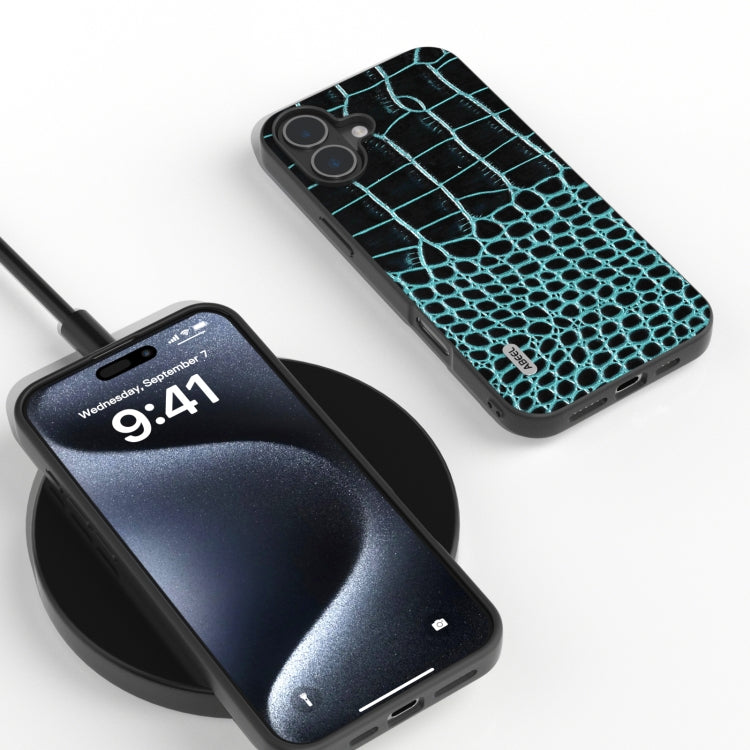 For iPhone 16 ABEEL Genuine Leather Crocodile Pattern Black Edge Phone Case(Blue) by buy2fix