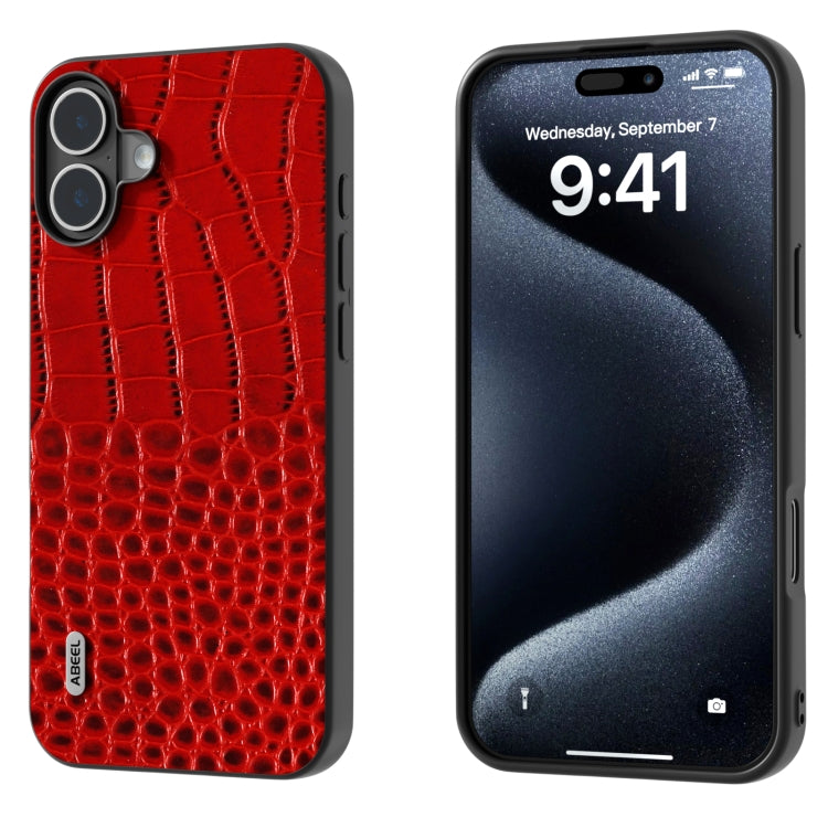 For iPhone 16 ABEEL Genuine Leather Crocodile Pattern Black Edge Phone Case(Red) by buy2fix