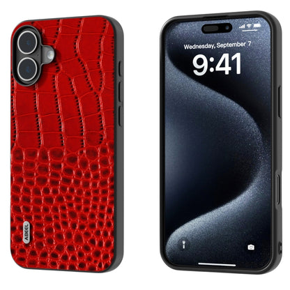 For iPhone 16 ABEEL Genuine Leather Crocodile Pattern Black Edge Phone Case(Red) by buy2fix