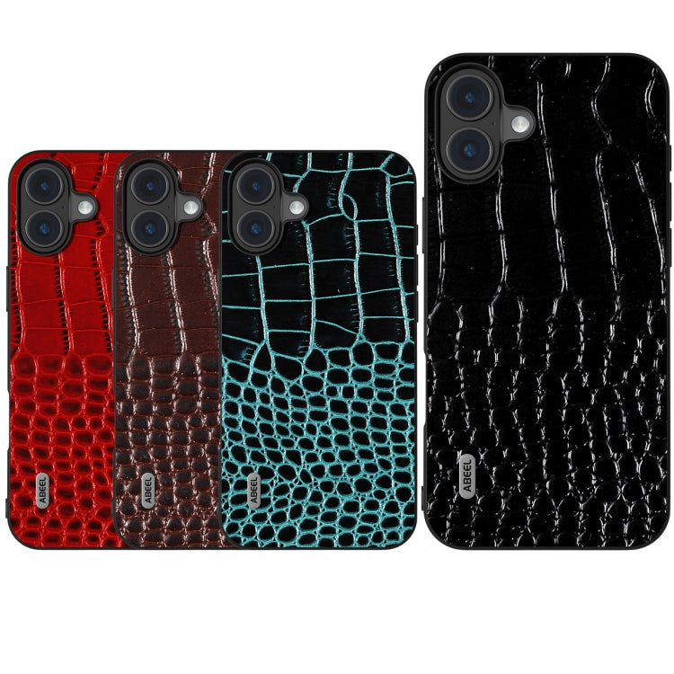 For iPhone 16 ABEEL Genuine Leather Crocodile Pattern Black Edge Phone Case(Red) by buy2fix