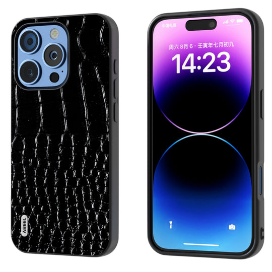 For iPhone 16 Pro ABEEL Genuine Leather Crocodile Pattern Black Edge Phone Case(Black)