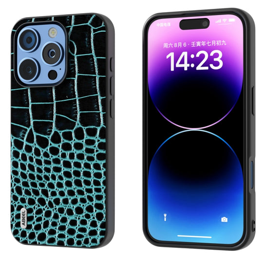 For iPhone 16 Pro ABEEL Genuine Leather Crocodile Pattern Black Edge Phone Case(Blue)