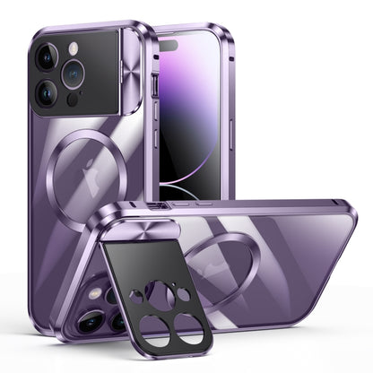 For iPhone 13 Pro Large Window Holder MagSafe Magnetic Metal Phone Case(Purple) - iPhone 13 Pro Cases by buy2fix | Online Shopping UK | buy2fix