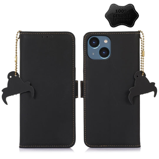 For iPhone 15 Genuine Leather Magnetic RFID Leather Phone Case(Black)
