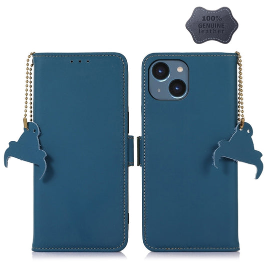 For iPhone 15 Genuine Leather Magnetic RFID Leather Phone Case(Blue) - iPhone 15 Cases by buy2fix | Online Shopping UK | buy2fix