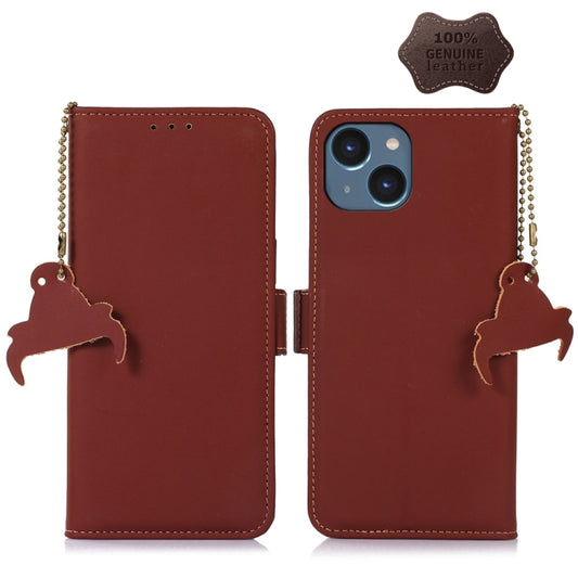 For iPhone 15 Genuine Leather Magnetic RFID Leather Phone Case(Coffee) - iPhone 15 Cases by buy2fix | Online Shopping UK | buy2fix