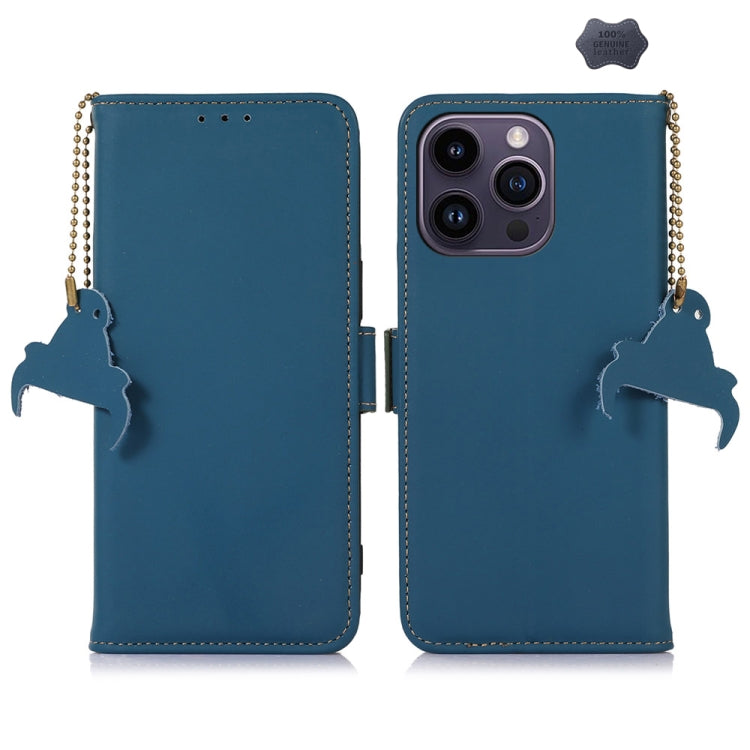For iPhone 16 Pro Max Genuine Leather Magnetic RFID Leather Phone Case(Blue) by buy2fix