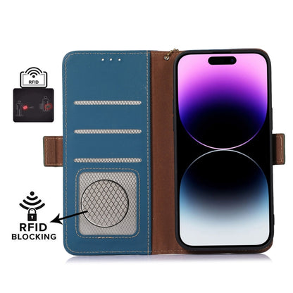 For iPhone 16 Pro Max Genuine Leather Magnetic RFID Leather Phone Case(Blue) by buy2fix