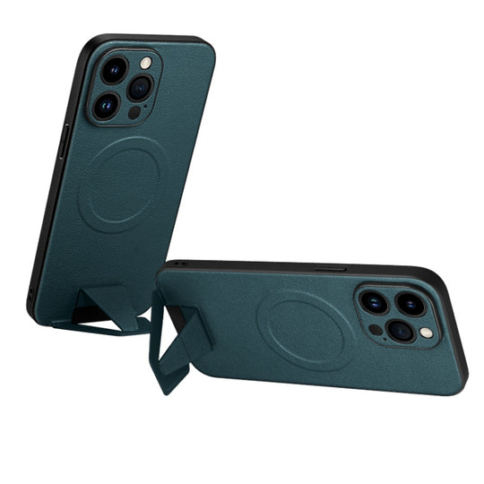 For iPhone 13 Pro Max SULADA Folding Holder Lambskin Texture MagSafe Phone Case(Green)