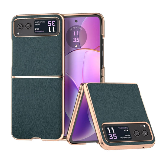 For Motorola Razr 40 Nano Plating Genuine Leather Luolai Series Phone Case(Dark Green) - Motorola Cases by buy2fix | Online Shopping UK | buy2fix