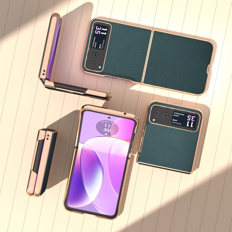 For Motorola Razr 40 Nano Plating Genuine Leather Luolai Series Phone Case(Dark Green) - Motorola Cases by buy2fix | Online Shopping UK | buy2fix