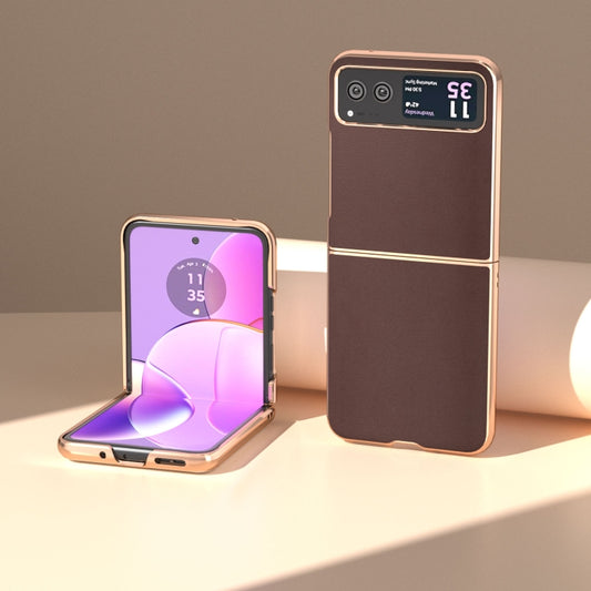 For Motorola Razr 40 Nano Plating Genuine Leather Xiaoya Series Phone Case(Coffee) - Motorola Cases by buy2fix | Online Shopping UK | buy2fix