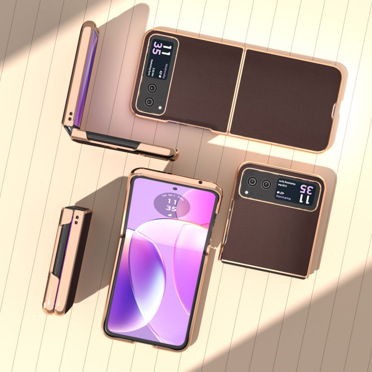 For Motorola Razr 40 Nano Plating Genuine Leather Xiaoya Series Phone Case(Coffee) - Motorola Cases by buy2fix | Online Shopping UK | buy2fix