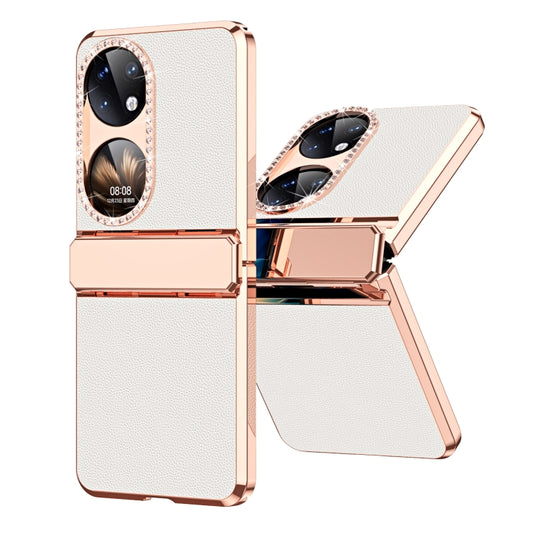 For Huawei P50 Pocket Plated Plain Leather Folding Phone Case with Hinge(White) - Huawei Cases by buy2fix | Online Shopping UK | buy2fix