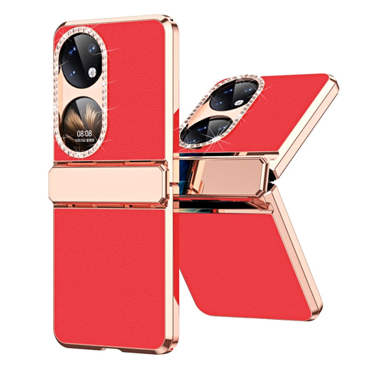 For Huawei P50 Pocket Plated Plain Leather Folding Phone Case with Hinge(Red) - Huawei Cases by buy2fix | Online Shopping UK | buy2fix
