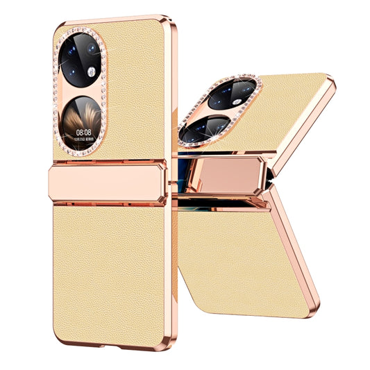 For Huawei P50 Pocket Plated Plain Leather Folding Phone Case with Hinge(Gold) - Huawei Cases by buy2fix | Online Shopping UK | buy2fix