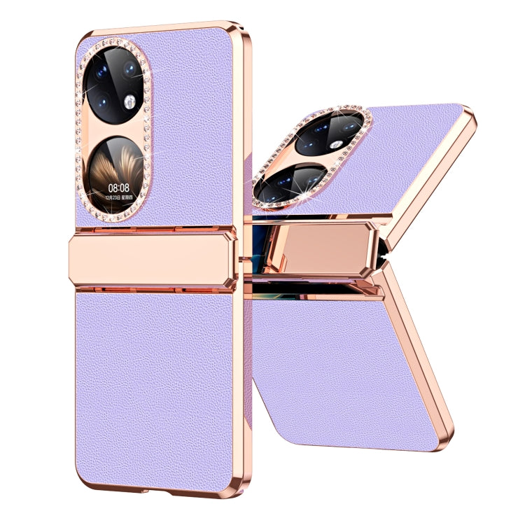 For Huawei P50 Pocket Plated Plain Leather Folding Phone Case with Hinge(Purple) - Huawei Cases by buy2fix | Online Shopping UK | buy2fix